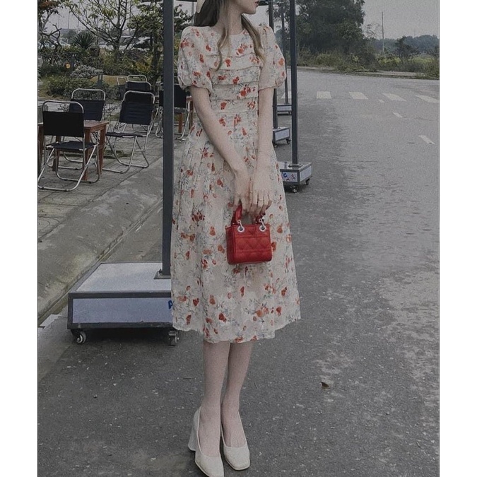 Váy voan tơ hoa nhí hai lớp xếp ly dáng dài tay bồng sang chảnh vintage tiểu thư
