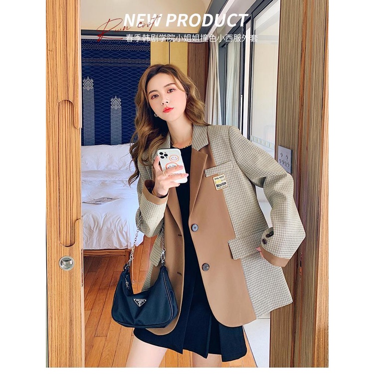 Áo khoác họa tiết caro ghép màu đơn giản sang trọng thời trang mùa xuân 2021 dành cho nữ