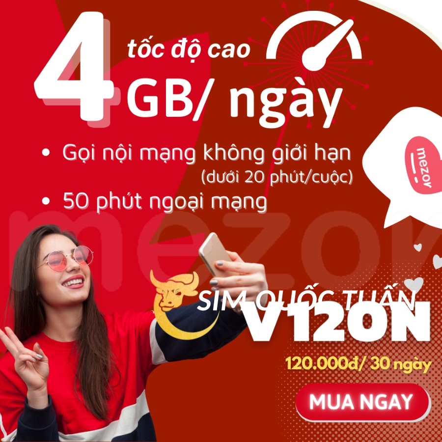 [ FREE THÁNG ĐẦU 120GB/tháng] SIM 4G Viettel V120N Tặng 4GB/ngày và miễn phí gọi nội mạng +50p ngoại mạng - Viettel