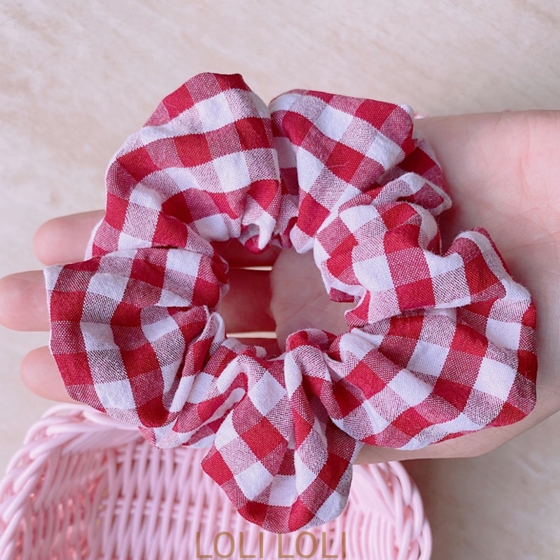 scrunchies cột tóc caro phong cách Hàn Quốc. vải dày đẹp Loli