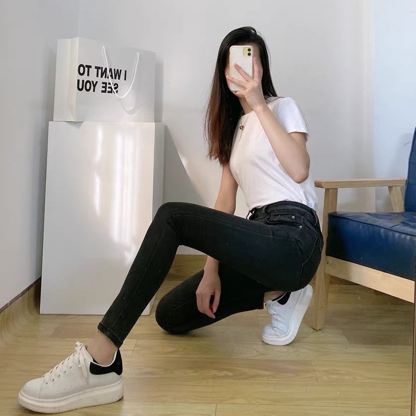 [Size 32-36] Quần Dài Jeans Nữ Bigsize, Xám, Lưng THUN Cao Trên Rốn, Co Giãn Mạnh