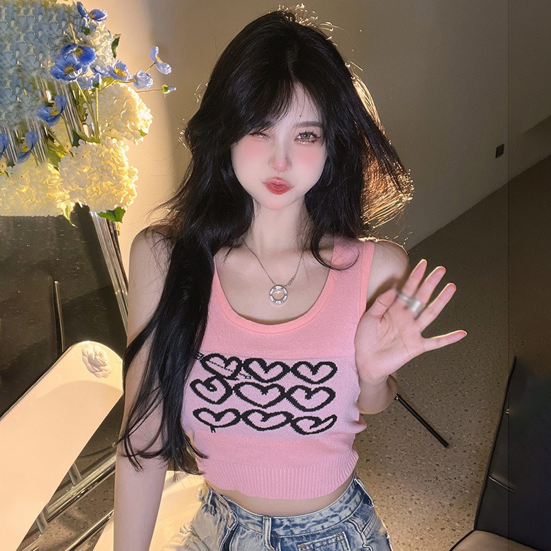 Áo Croptop Dệt Kim Không Tay In Họa Tiết Trái Tim Xinh Xắn Dành Cho Nữ