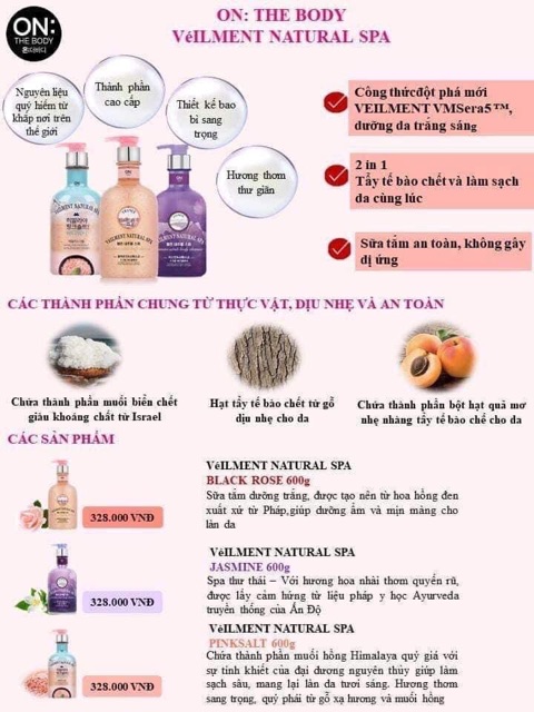 Sữa tắm tẩy da chết trắng da ON: The Body Véilment Natural Spa chính hãng LG Vina/ hoa hồng, nhài, lavender oải hương