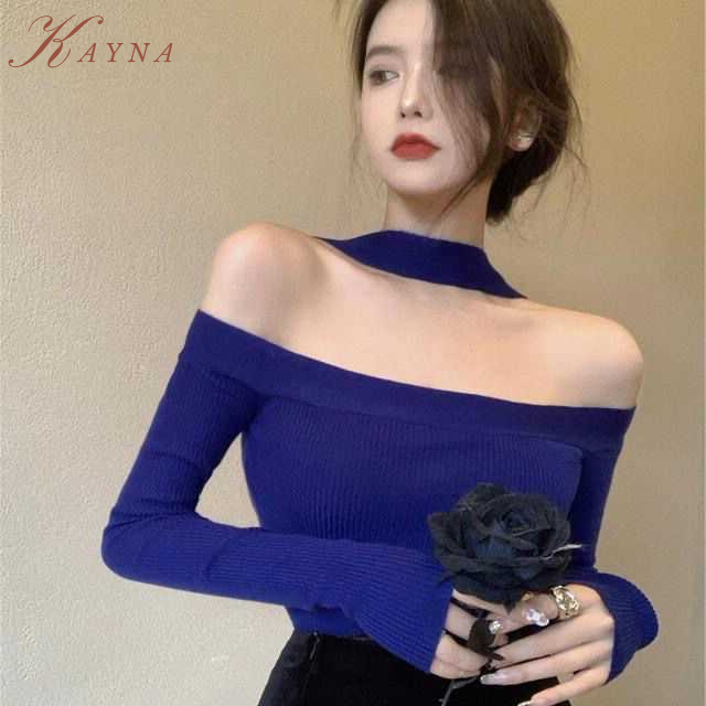 KAYNA Áo sweater Dệt Kim Tay Dài Hở Vai Ôm Dáng Thời Trang Thu Đông Dành Cho Nữ Của phụ nữ một cổ áo len