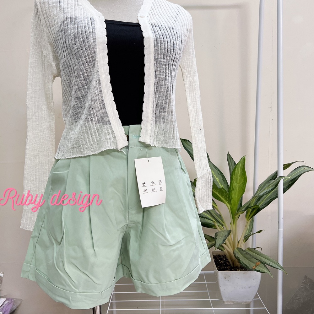 Quần short vải nữ quần nữ lưng cao ống rộng gập gấu chun eo màu đen màu trắng chất thô mềm phong cách hàn quốc đi chơi