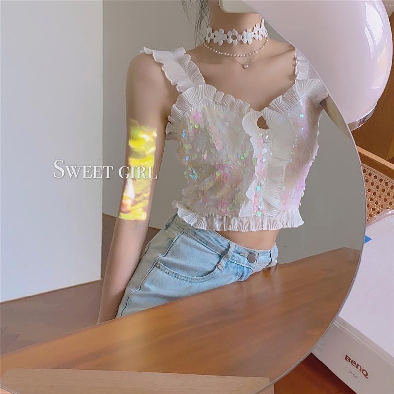 Áo Ngắn Không Tay Đính Kim Sa Gợi Cảm Thời Trang Mùa Hè Dành Cho Bạn Nữ