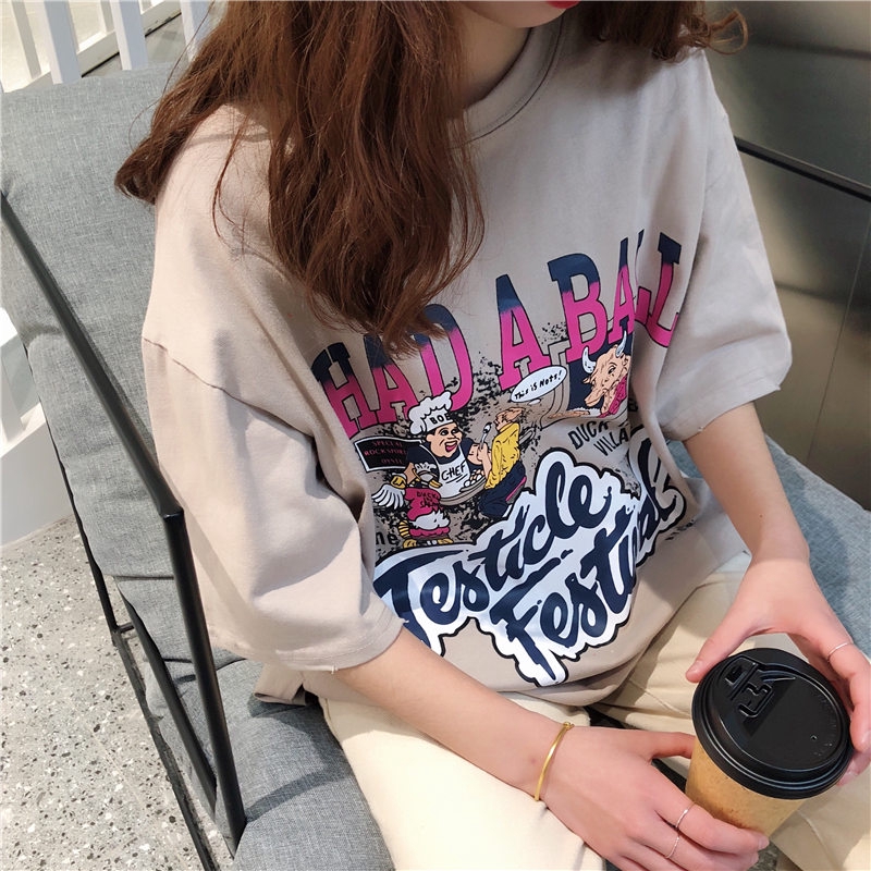 SUXI Áo thun tay ngắn cổ tròn hoạ tiết in phong cách Hàn Quốc