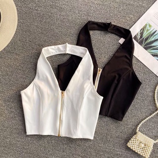 Áo kiểu nữ cổ yếm dây kéo crotop ngắn quảng châu