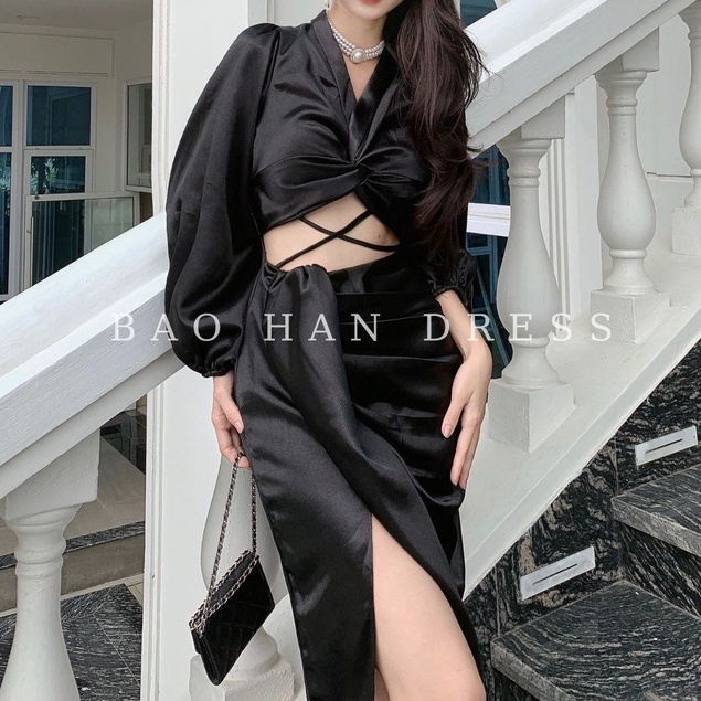 Váy Dự Tiệc Tay Dài Phối dây Chéo Bụng Xẻ Tà Tôn Dáng Siêu Xinh - NV309