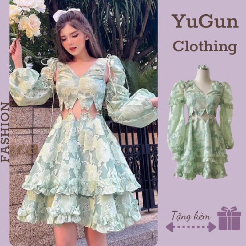 Đầm voan hoa xanh nổi viền bèo cổ cổ chữ V cut out eo quyến rũ hottrend 2022