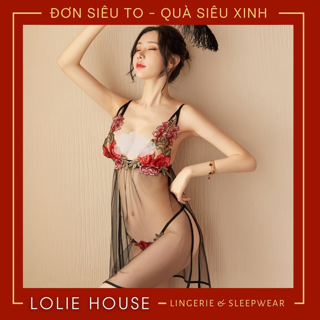 Váy ngủ 2 dây xuyên thấu - Set đầm ngủ sexy thêu hoa gợi cảm LOLIE HOUSE - VN10 | BigBuy360 - bigbuy360.vn
