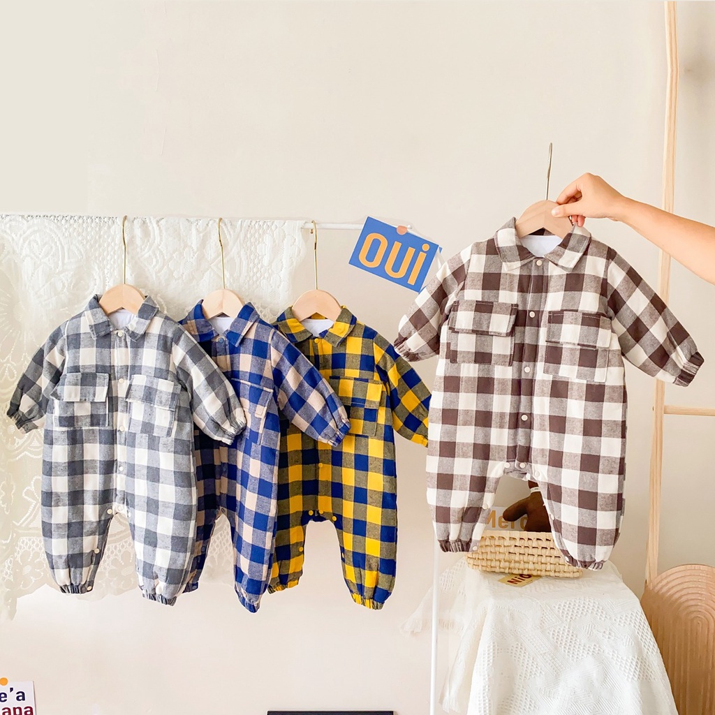 Bộ áo liền quần Sanlutoz dành cho bé trai sơ sinh thiết kế tay dài vải cotton họa tiết sọc ca rô