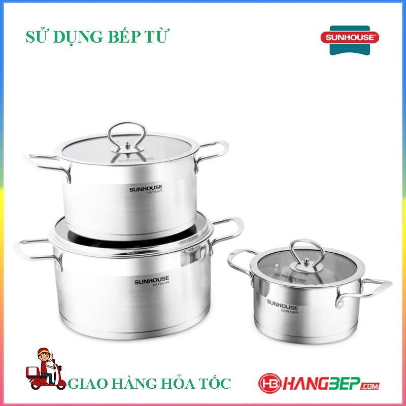 Bộ 3 nồi Inox 5 đáy sử dụng bếp từ Sunhouse SH784 [16cm/20cm/24cm]