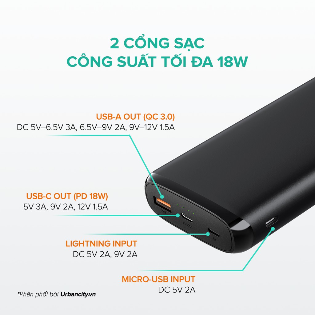 Pin Dự Phòng 20000mAh AUKEY PB-Y23, QC 3.0, PD 18W, Cổng Lightning In 18W