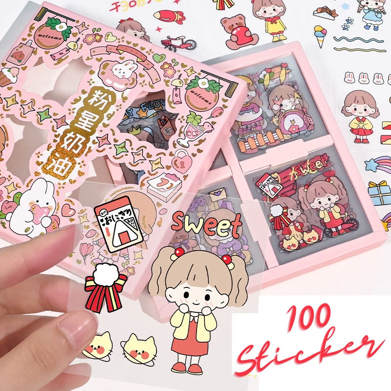 Hộp 100 Tấm Sticker Dán Trong Suốt Hộp Quà Tặng Băng Dính Washi Tape Trang Trí Cô Gái Dễ Thương