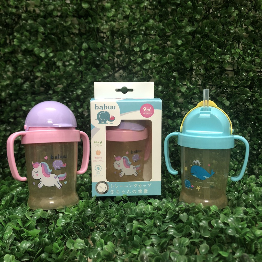 Bình tập uống ống hút silicon tay cầm Babu Baby 180ml Nhật Bản BB17941