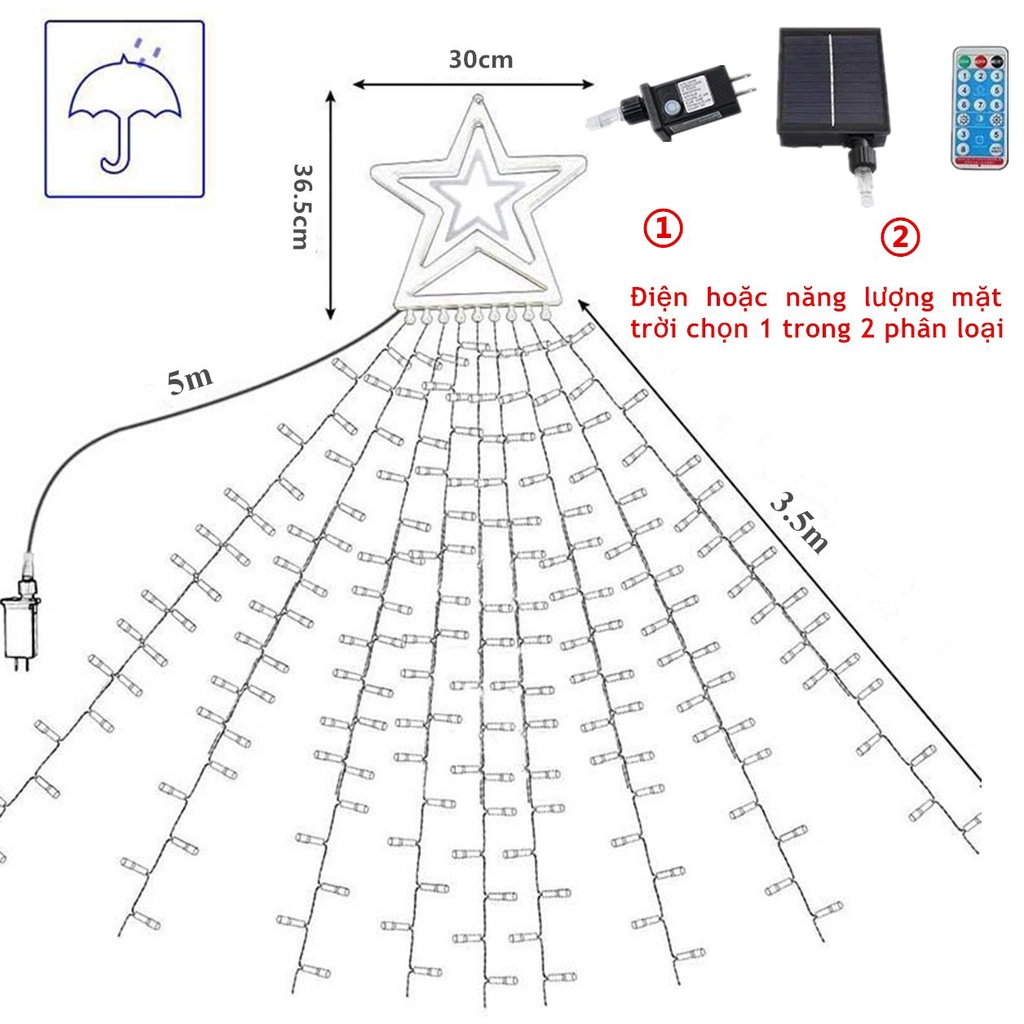 Đèn LED 9 dây thả rèm hình ngôi sao dùng năng lượng mặt trời trang trí DECOR sân vườn NOEL GIÁNG SINH TẾT MOXI.