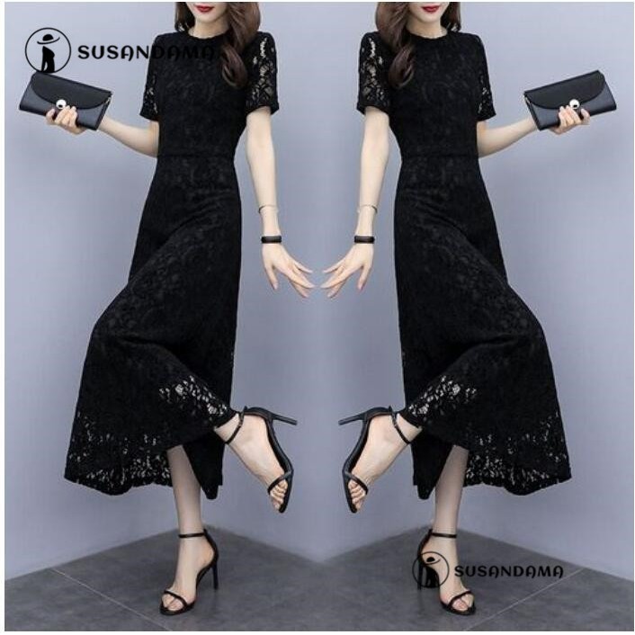 Đầm maxi dáng dài phối ren màu đen cỡ lớn