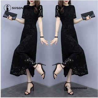 Đầm maxi dáng dài phối ren màu đen cỡ lớn