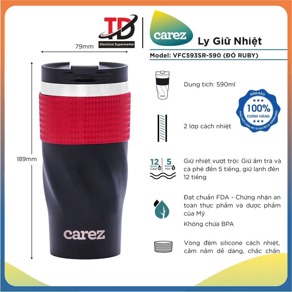 Ly giữ nhiệt Carez model VFC593SR-590ML - màu đỏ ruby, Inox 304, Không chứa BPA