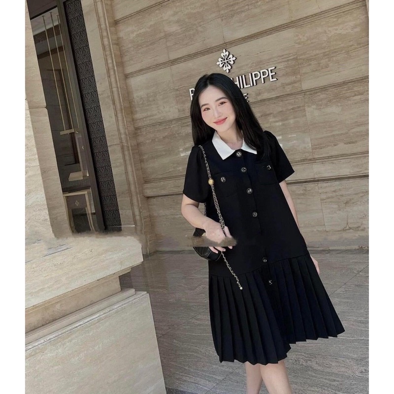 Váy Bầu cổ sơ mi-chân xếp ly-điệu đà - phù hợp mặc đi chơi ,đi công sở,tiệc🍀freesize 43-68kg