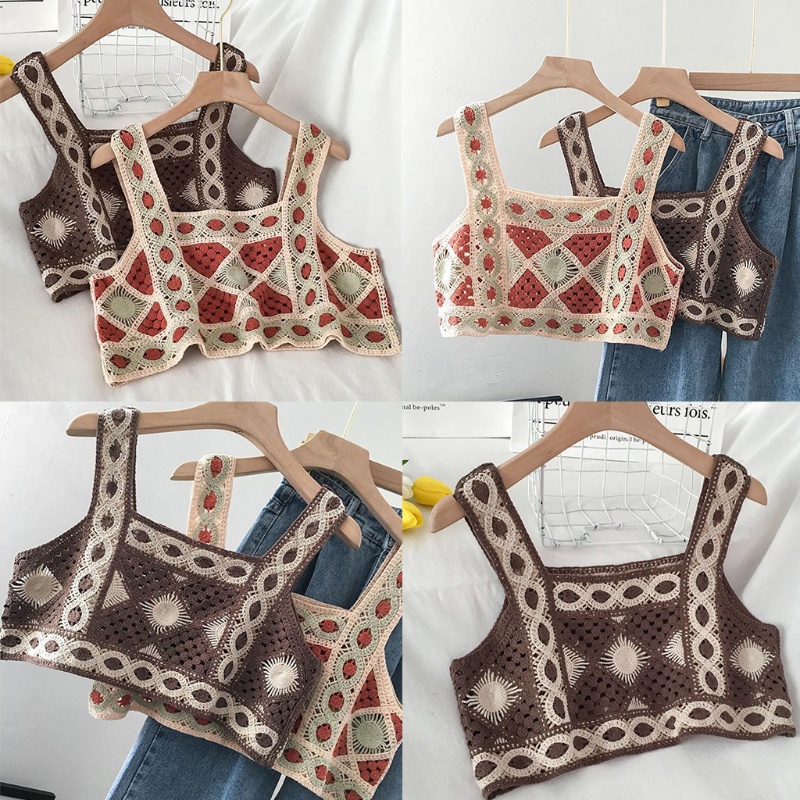 Áo Croptop Dệt Kim Không Tay Họa Tiết Hình Học Phong Cách Bohemian Cổ Điển Thời Trang Mùa Hè Cho Nữ