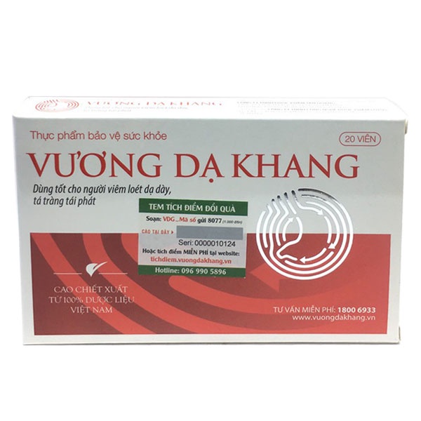 Vương Dạ Khang - hỗ trợ ngăn ngừa viêm loét dạ dày, tá tràng tái phát (hộp 20 viên)