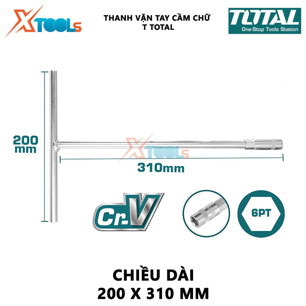 Thanh vặn tay cầm chữ T TOTAL Cần chữ T Kích thước 8MM-19MM Thép CR-V Chiều dài 200x310mm mạ Crom tháo lắp, mở bulong, đ