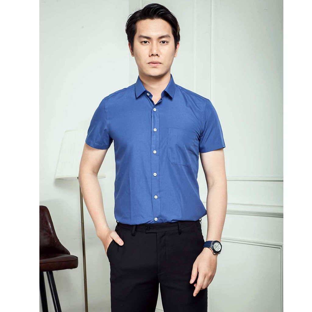 Áo Sơ Mi Nam Tay Ngắn Màu Xanh Regular Fit - Thương Hiệu Blentino - BSS09