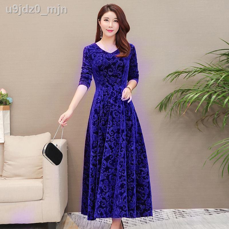 Gold velvet V-neck dress 2020 spring new style long skirt embossed sleeves women s temperament slim fit | BigBuy360 - bigbuy360.vn