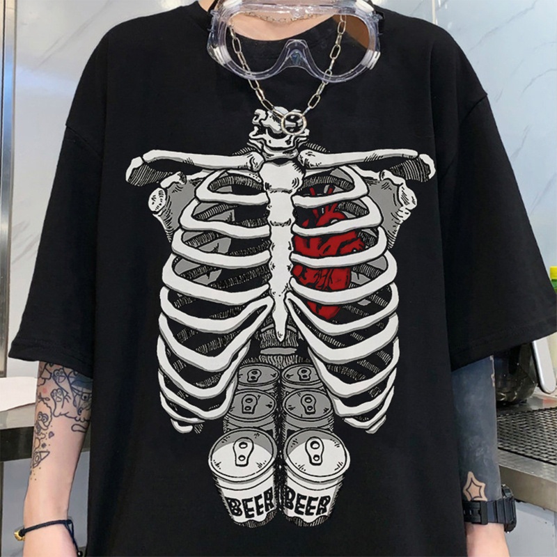 Brroa Áo Thun Tay Ngắn In Hình Bộ Xương Phong Cách Harajuku Nhật Bản Cho Nam Nữ