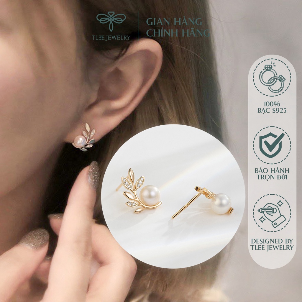Khuyên tai bạc nữ TLEE Lá Oliu nạm đá sang trọng NCJ B0111