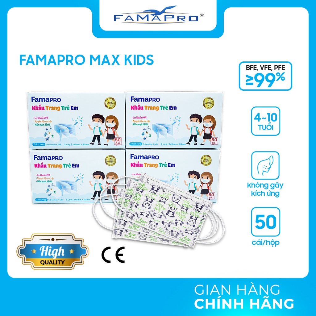 [Combo 4 Hộp Max KidS] Khẩu trang y tế trẻ em kháng khuẩn 3 lớp Famapro MAX KIDS hộp 50 cái