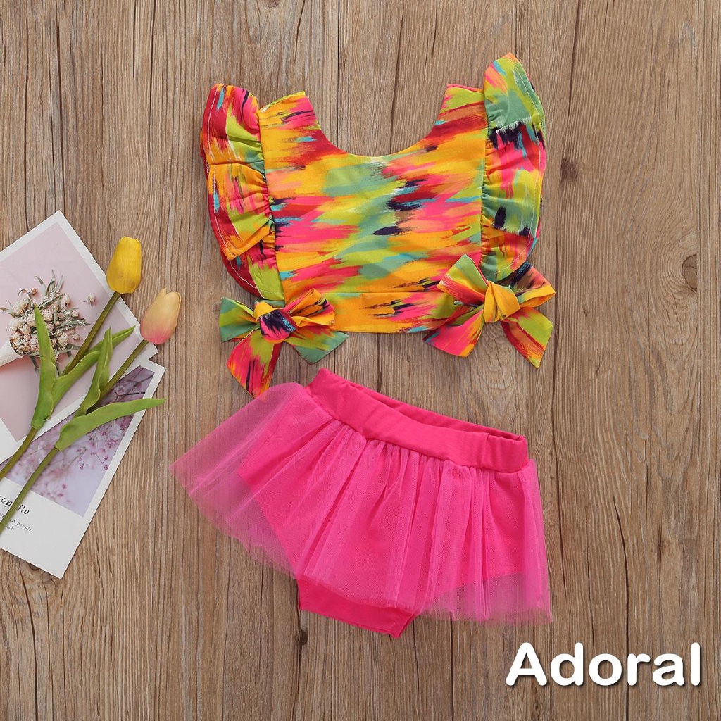 Bộ Áo Croptop Tay Bèo Đính Nơ + Quần Short Vải Lưới Nhiều Màu Thời Trang Mùa Hè Cho Bé Gái 0-12 Tháng Tuổi