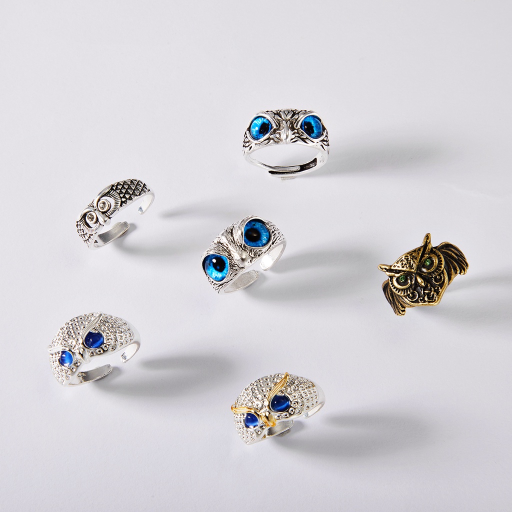 Nhẫn RINHOO FRIENDSHIP hình cú mèo mắt đính đá xanh phong cách hip hop cá tính cho nam và nữ