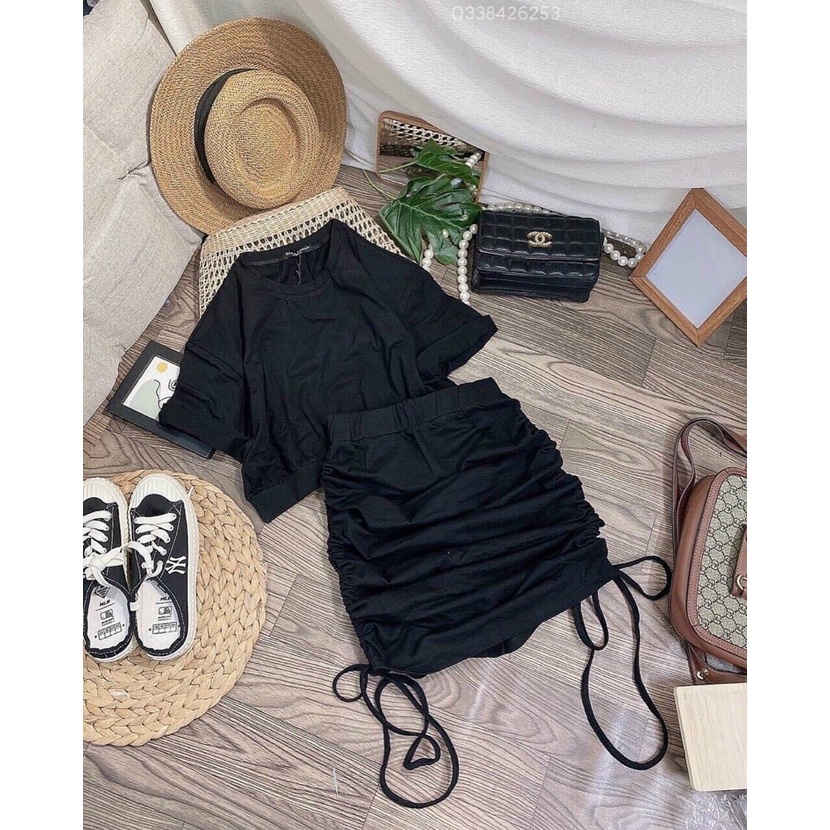 Sét áo kèm chân váy nữ áo kiểu croptop tay ngắn phối chân váy mini nhún hông