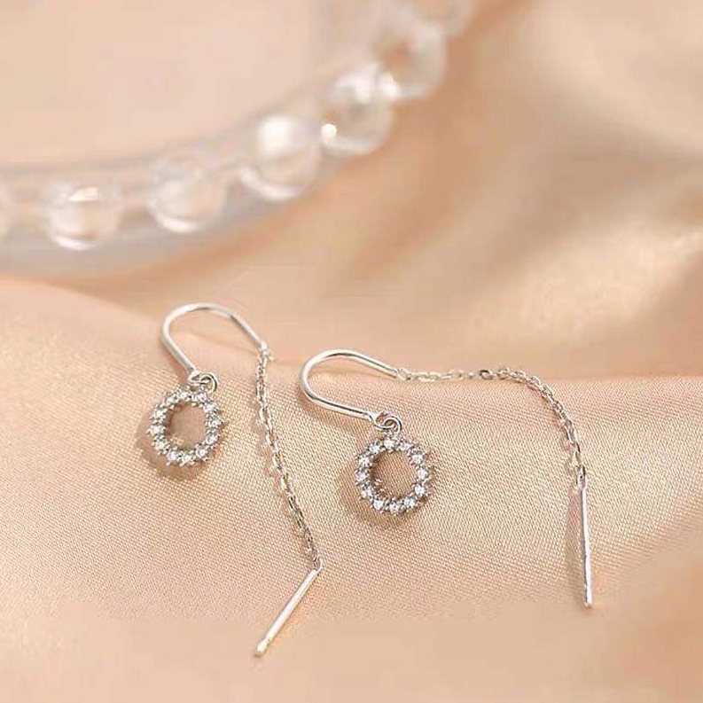 Khuyên tai bạc Van Jewelry V10737 Khuyên nguyệt quế nạm đá thả tua dài