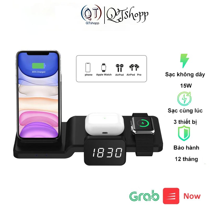 Sạc Không Dây 4 in 1 Cho iPhone Airpods-Apple Watch- Samsung- Oppo Sạc Nhanh Không Dây 15W QT