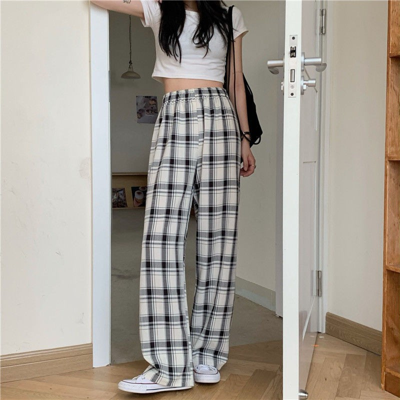 Plaid pants women loose straight 2021 new summer thin casual pants high waist thin mopping pants trend