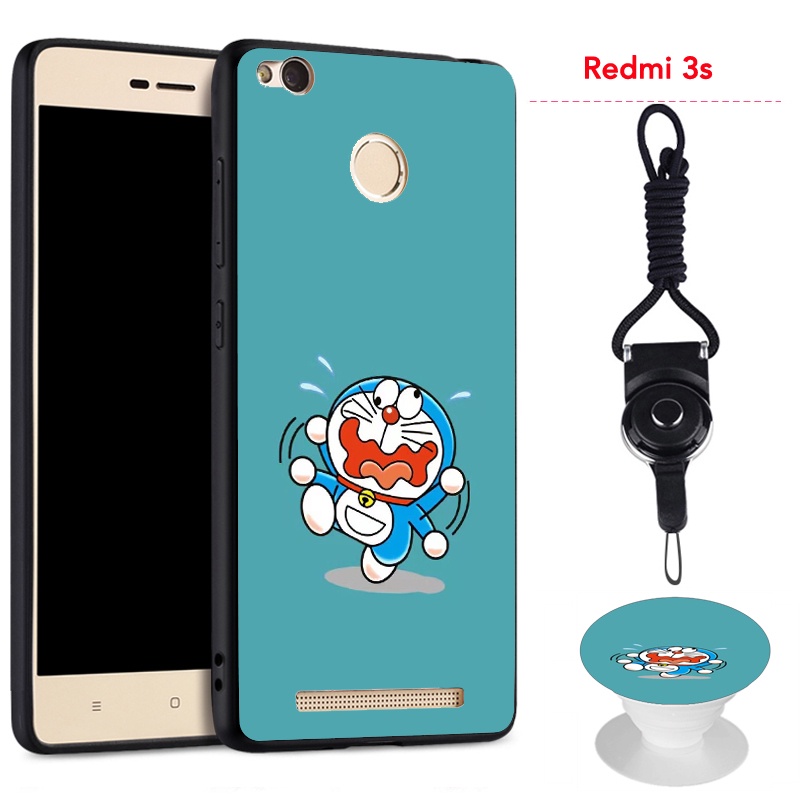 Ốp điện thoại silicon mềm hình Doraemon chống sốc chống va đập có giá đỡ và dây đeo cho Xiaomi Redmi 3S