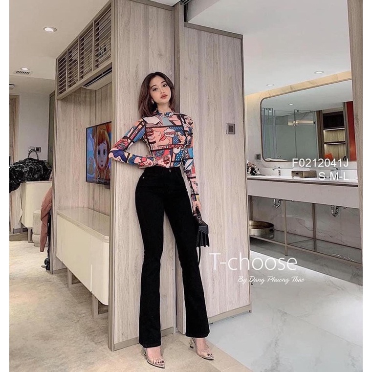 Quần jeans loe cạp cao phom dài may gấu chất bò dãn hack chân