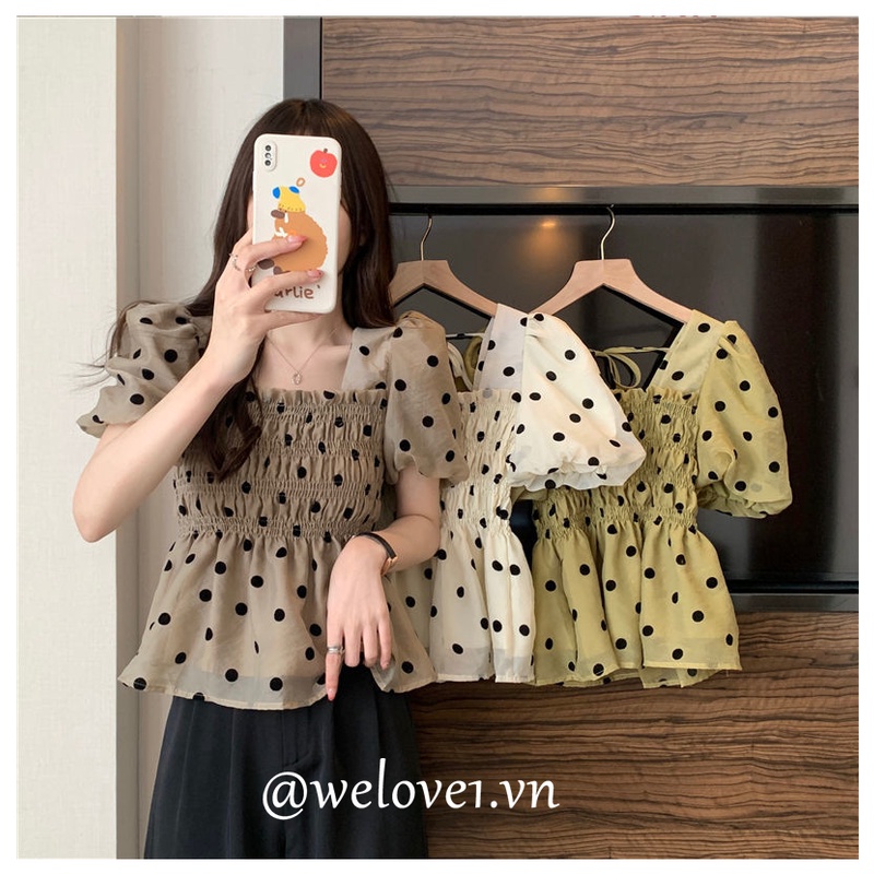 Áo Ngắn Tay Phồng Cổ Vuông Họa Tiết Chấm Bi Thời Trang Cho Nữ