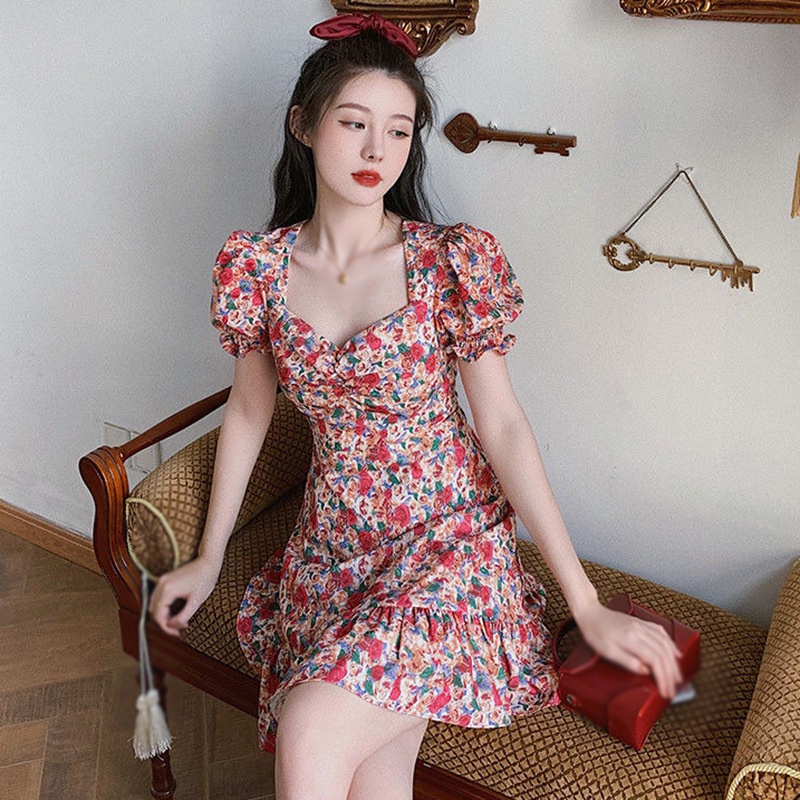 Váy body Tay Ngắn Cổ Vuông In Họa Tiết Hoa Quyến Rũ Phong Cách Hàn Quốc Dành Cho Nữ