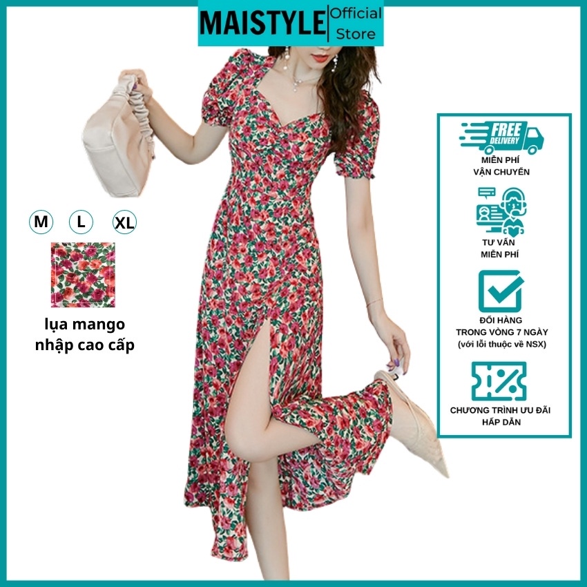 Đầm hoa nhí MAISTYLE váy hoa nhí vintage dáng dài qua gối tay phồng xẻ tà Đầm voan hoa nhí đẹp thiết kế MY1105