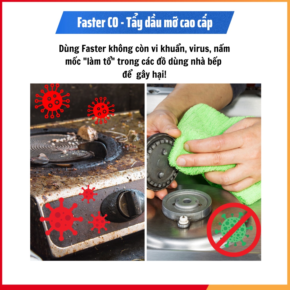 Dung dịch tẩy dầu mỡ tẩy xoong tay vỉ hút mùi tây bếp ga nước tây mỡ tẩy đa năng Faster CO Plus 350ml.