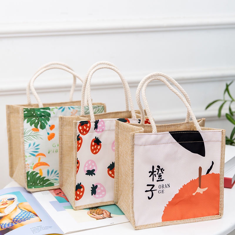 Túi Đựng Cơm Trưa Bằng Vải Lanh In Họa Tiết Hoạt Hình Phong Cách Hàn Quốc Có Thể Tái Sử Dụng Tiện Lợi