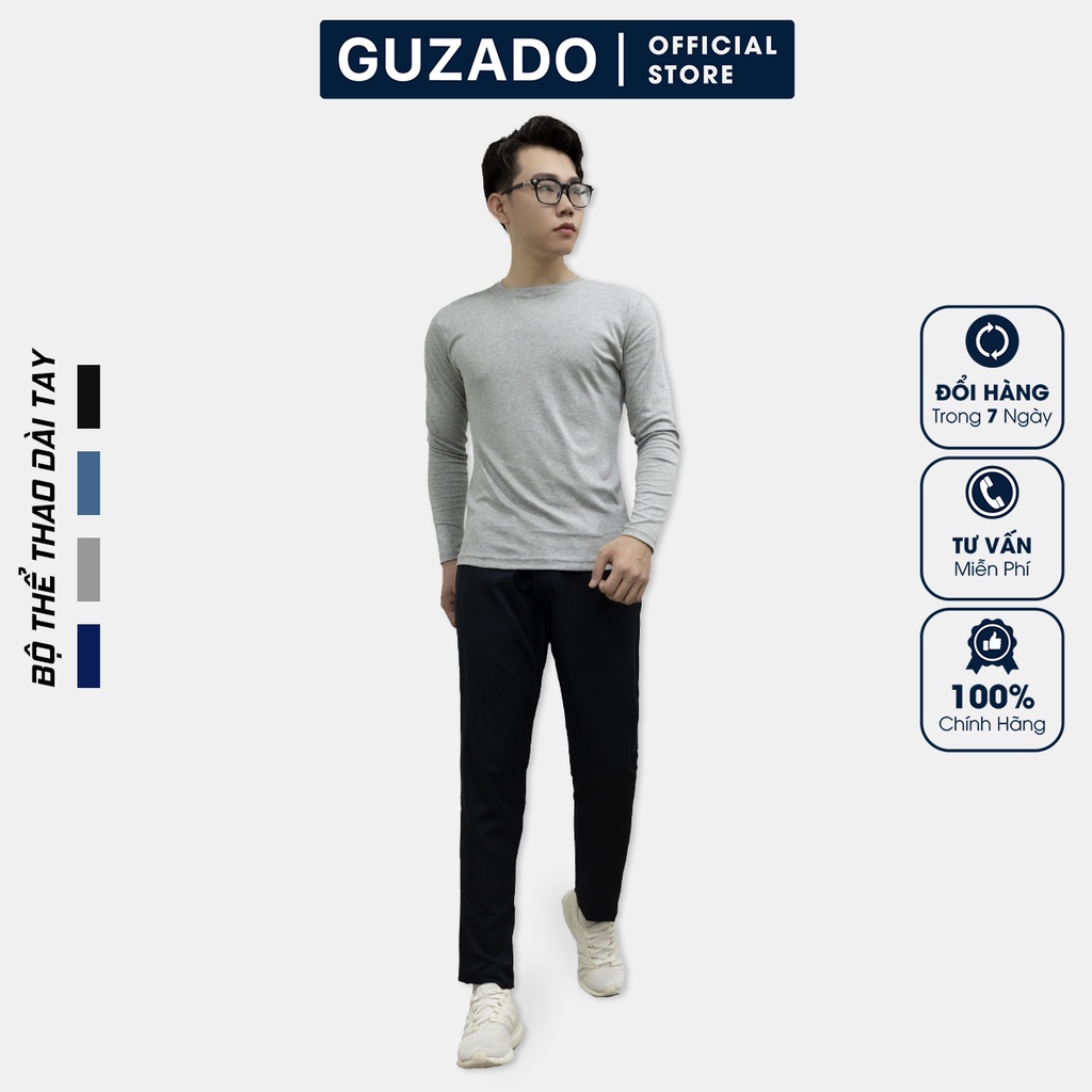 Bộ thể thao nam dài tay thu đông GUZADO áo cotton CVC cao cấp kết hợp quần gió thể thao BTD2202