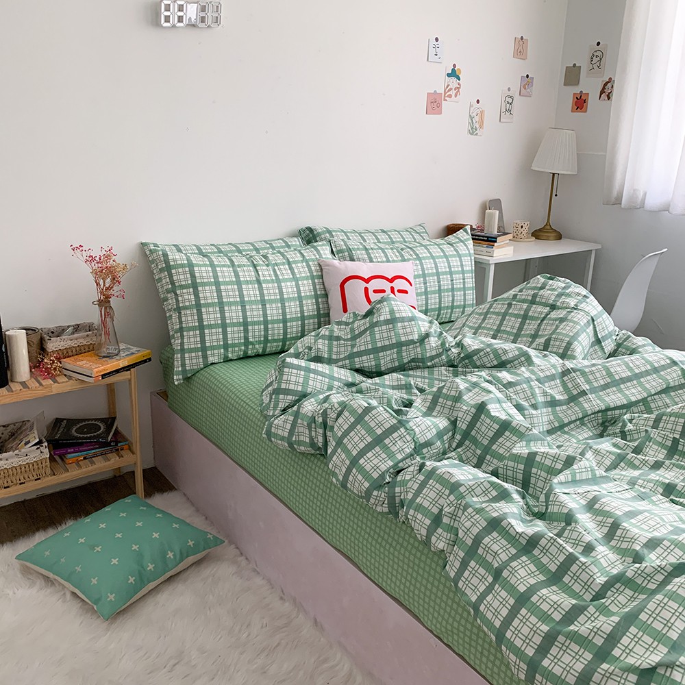 Bộ chăn ga gối Cotton 100% REE Bedding CT68 caro xanh lá đủ size giường nệm