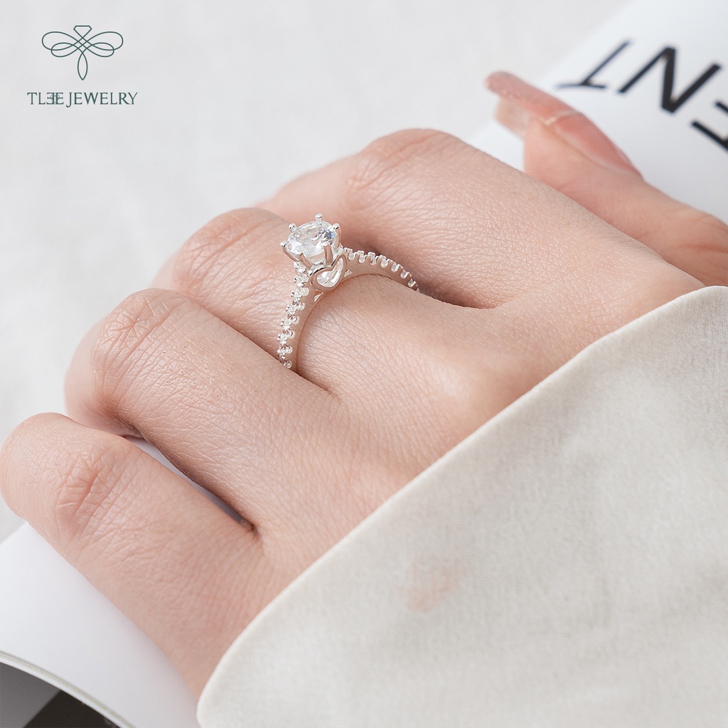 Nhẫn bạc nữ TLEE ổ đá 6 chấu phồi viền lấp lánh nữ tính NCJ A0190