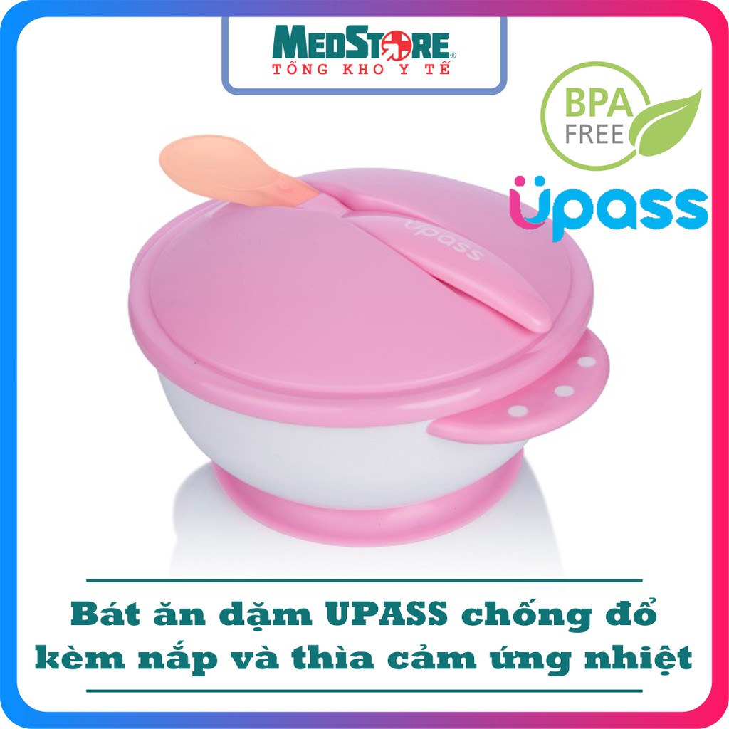 Bát ăn dặm chống đổ có nắp kèm thìa báo nóng UPASS